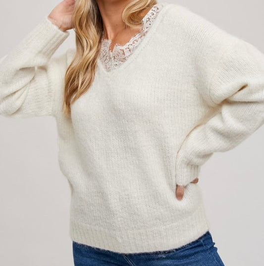 Ivory Lace Trim V-Neck Sweater