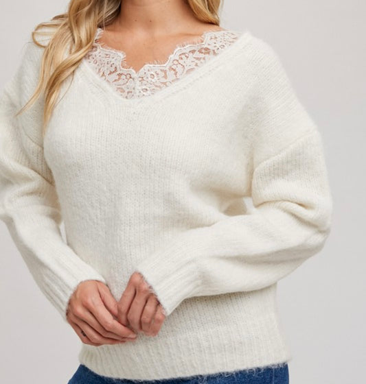 Ivory Lace Trim V-Neck Sweater