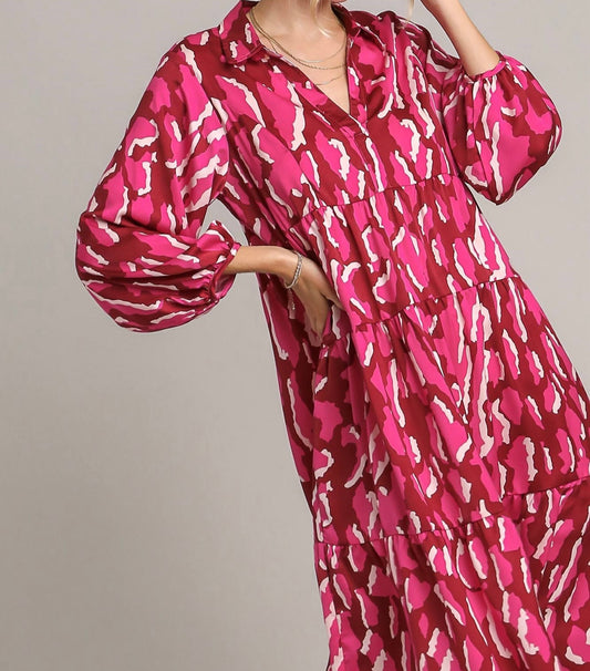 Magenta Satin Animal Print 3/4 Sleeve Collared Midi Dress