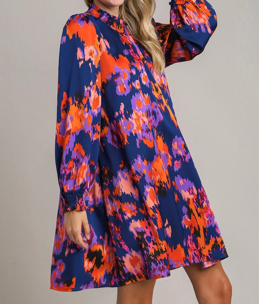 Sapphire Floral Printed Satin Dress with Elastic Ruffle Neckline