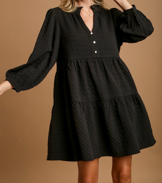 Black Texture Jacquard V-Notched Ruffle Trim Tiered Dress