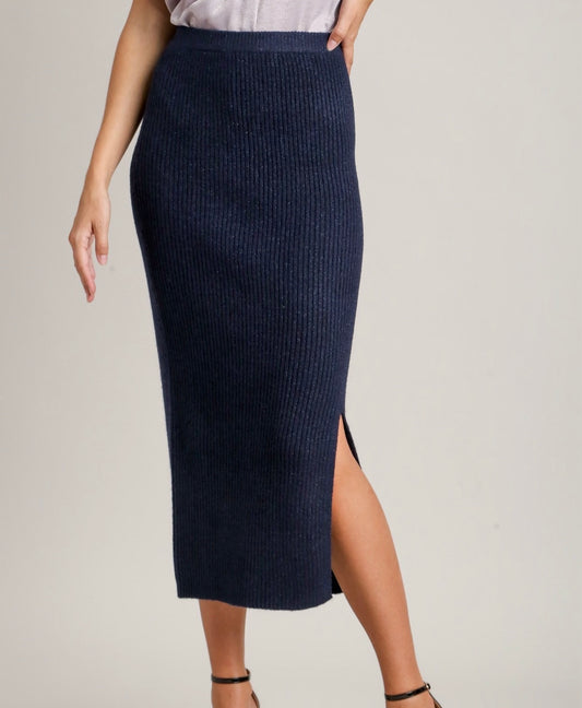 Rib Knit Lurex Sweater Midi Skirt with Front Slit