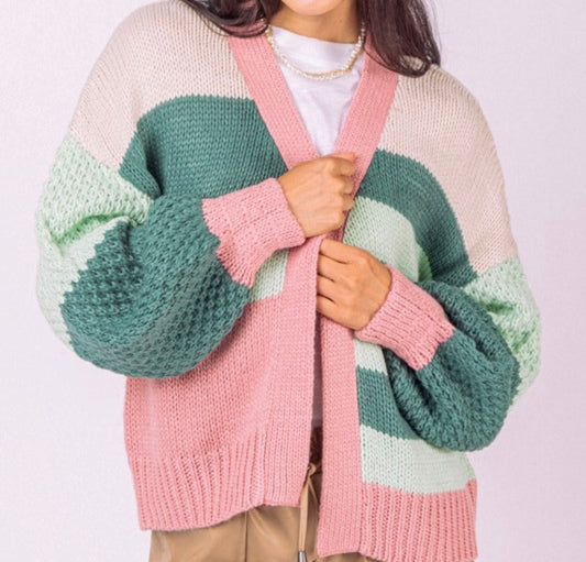 Color-Block Striped Textured Sleeve Cardigan