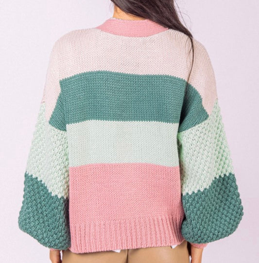 Color-Block Striped Textured Sleeve Cardigan