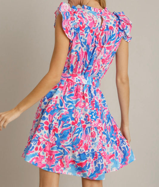 Pink & Blue Watercolor Ruffle Detail Dress
