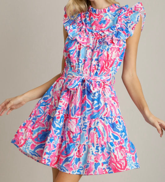 Pink & Blue Watercolor Ruffle Detail Dress