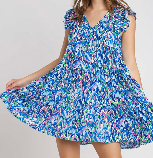 Blue Mixed Print A-Line Dress