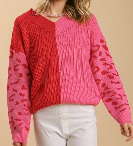 Two Tone Pink V-Neck Sweater