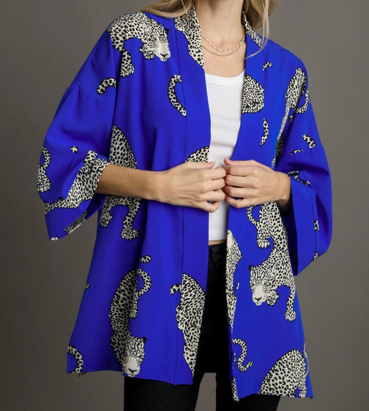 Cobalt Animal Print 3/4 Sleeve Kimono