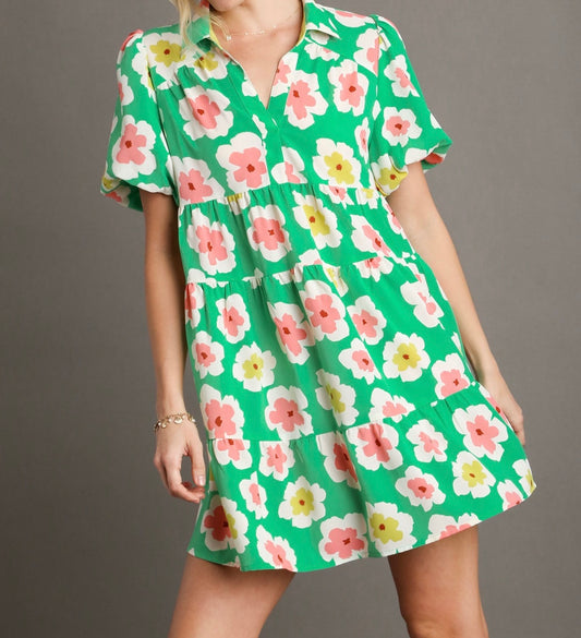 Bright Green Floral A-Line Collared Tiered Dress
