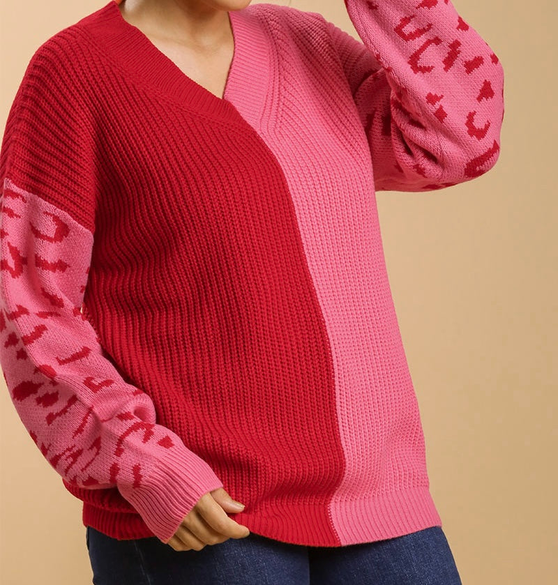 Two Tone Pink V-Neck Sweater