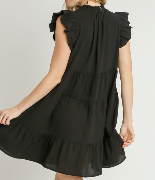 Black Tiered Flutter Sleeve V-Neck Dress