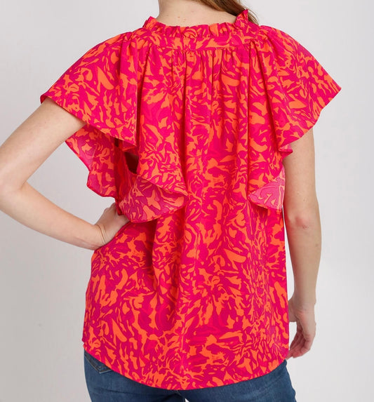 Two Tone Abstract Ruffle Sleeve Top