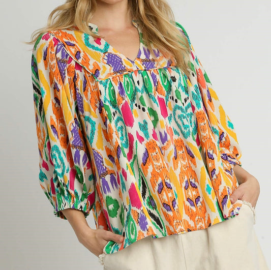 High Neck Abstract 3/4 Sleeve Top