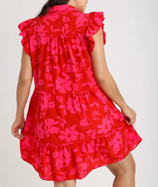 Plus Red Floral Collared Tiered Dress
