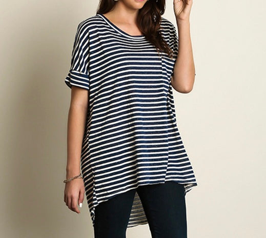 Plus Basic Striped Top With Front Pocket