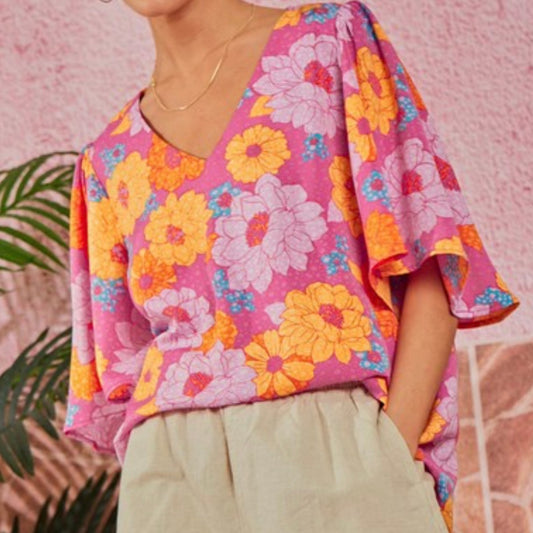 Floral Print Flare Sleeve Top