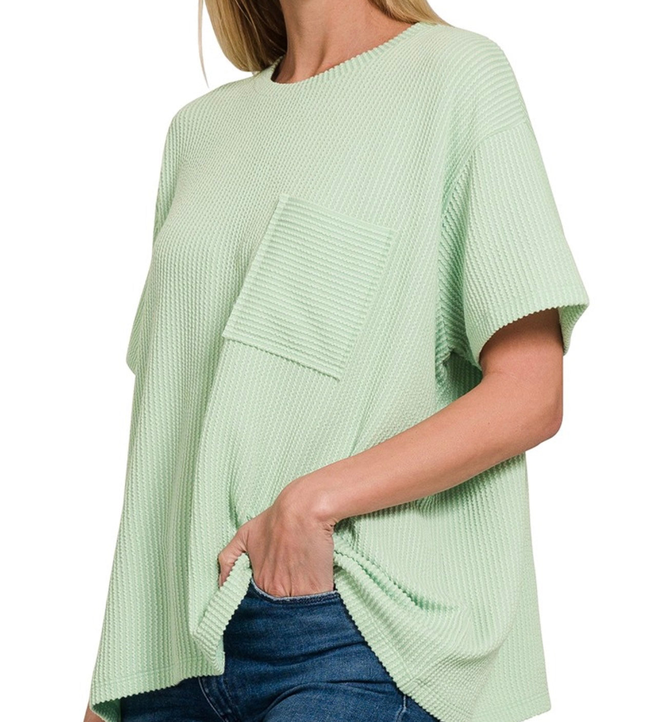 Corded Short Sleeve Front Pocket Top