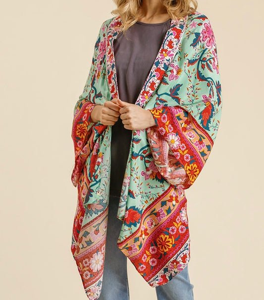 Floral Print High-Low Open Front Kimono
