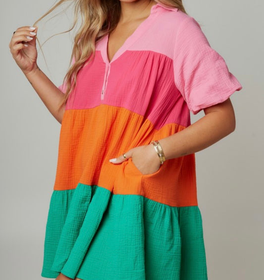 Color Block Tiered Shirt Dress