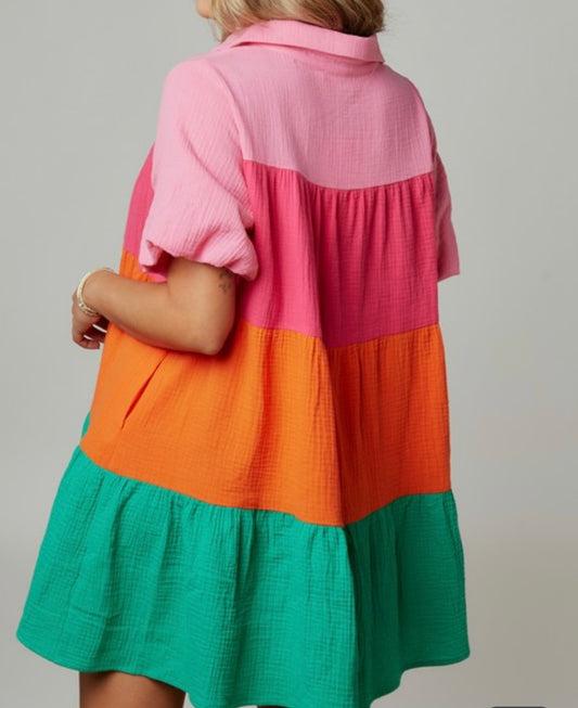 Color Block Tiered Shirt Dress