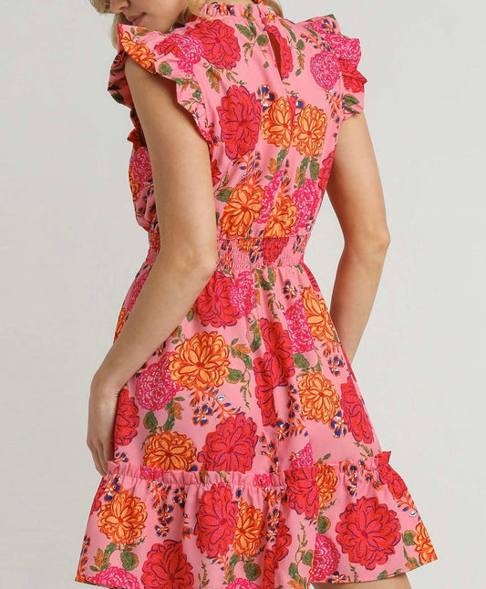 Pink Floral Tiered Ruffle Dress With Smocked Waist
