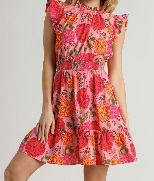 Pink Floral Tiered Ruffle Dress With Smocked Waist