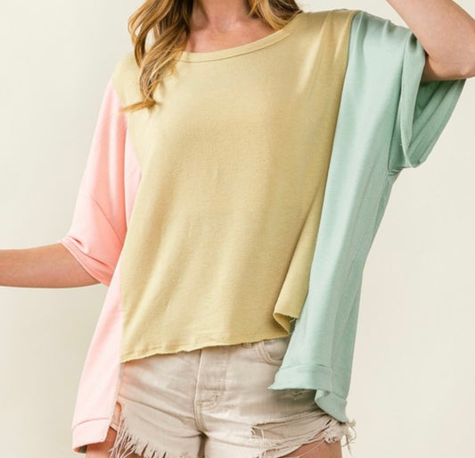 French Terry Color Block Cut Out Top