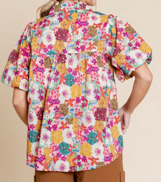 Painted Petals Puff Sleeve Top