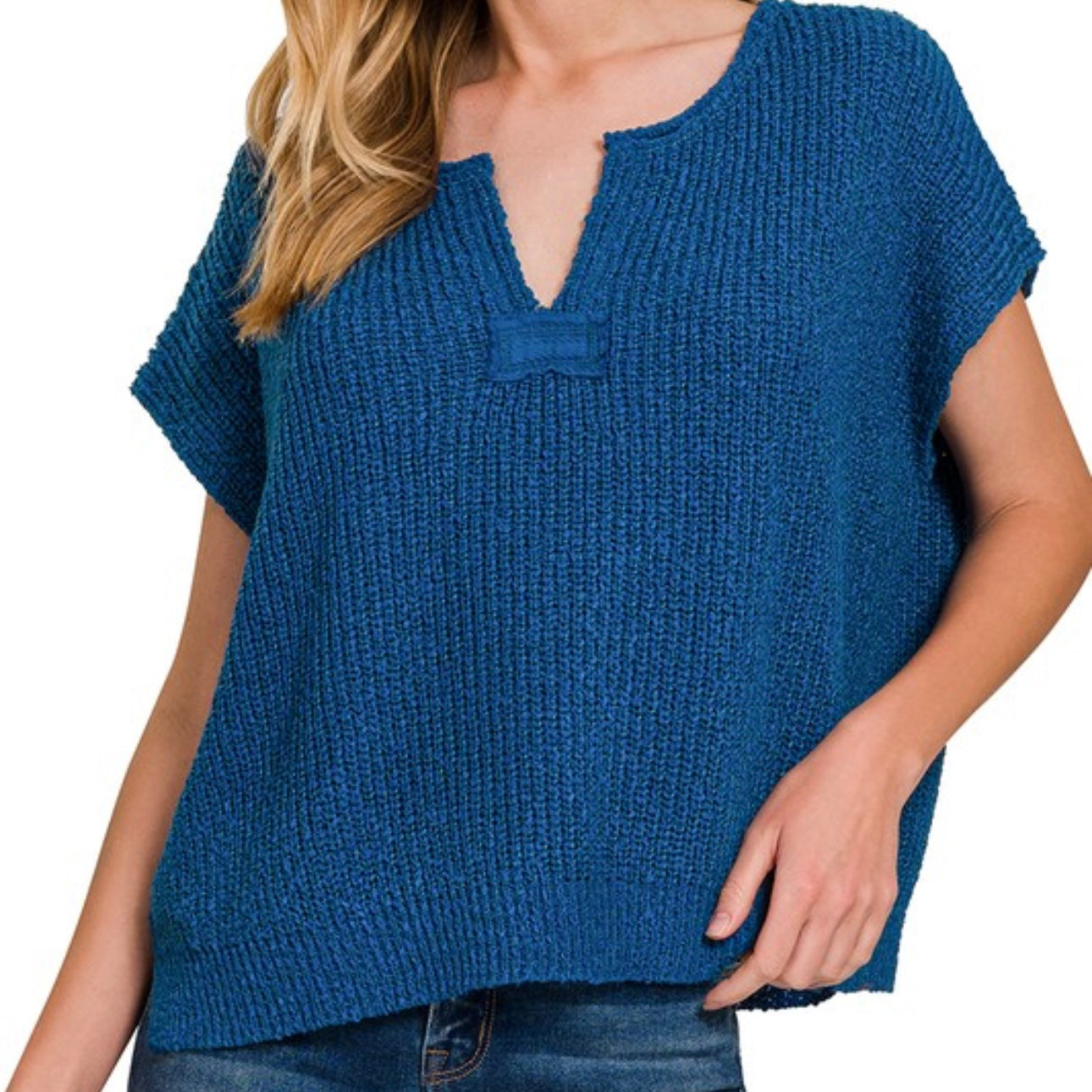 Split-Neck Side Slit Pullover Knit Top