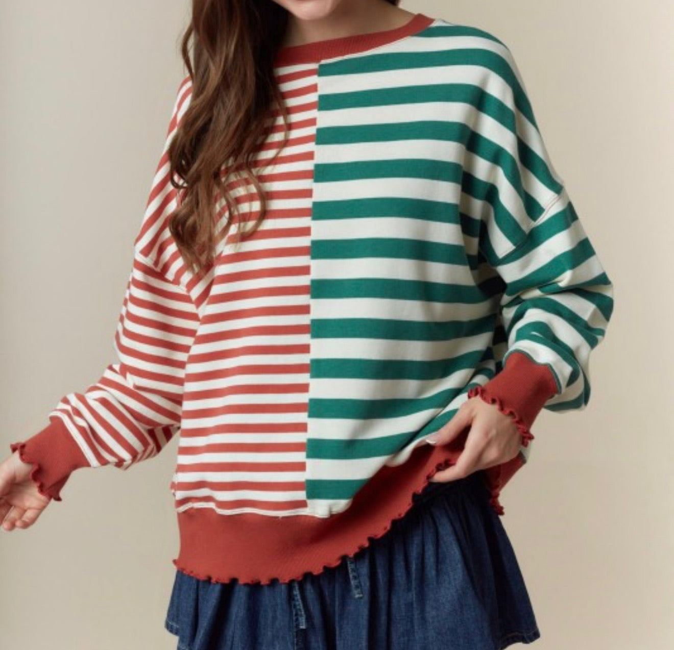 Two Tone Striped Ruffle Hem Pullover