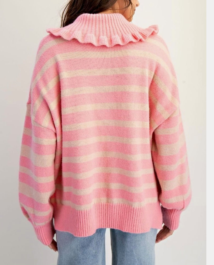 Pink Ruffle Collar Striped Sweater