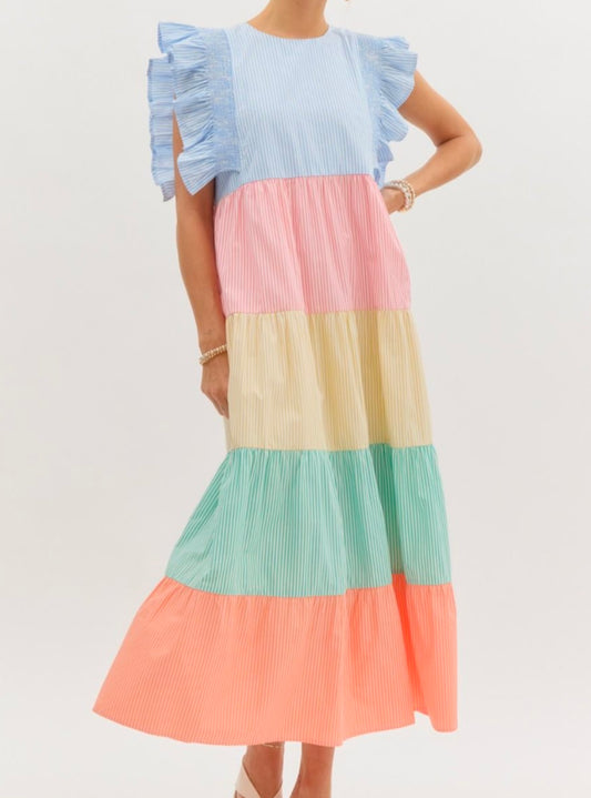 Spring Striped Color-Block Midi Dress