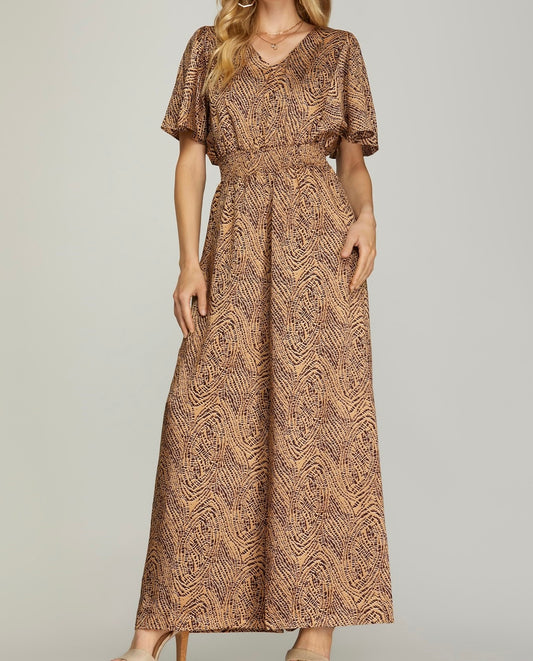 Smocked Waist Wide Leg Printed Jumpsuit