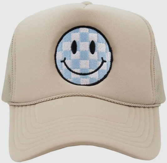 Light Blue Checkered Smiley Trucker Hat