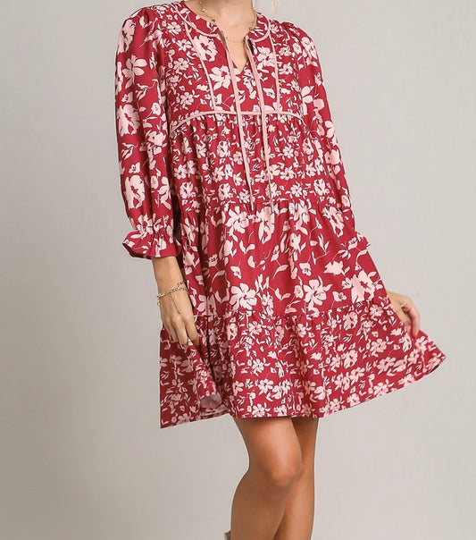 Berry Two Tone Floral Printed Tiered Dress