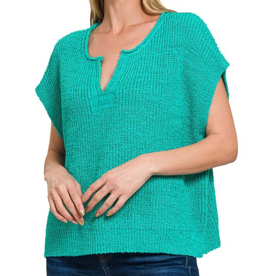 Split Neck Side Slit Pullover Top