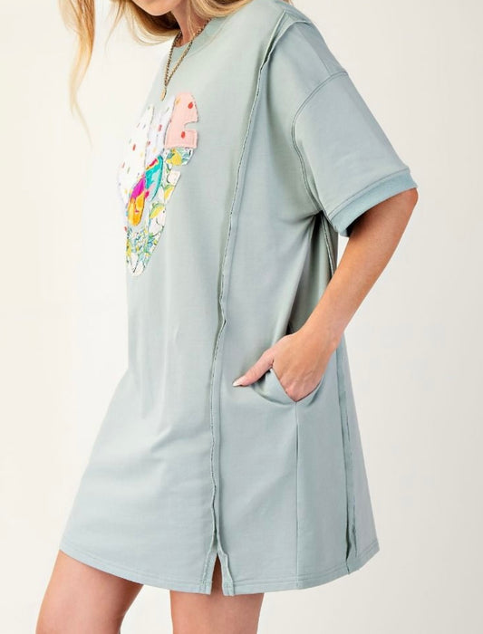 Teal Washed Heart Patch T-Shirt Dress