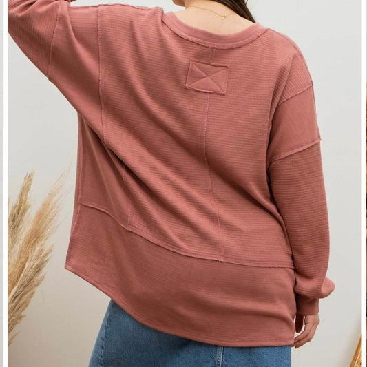 Plus Dusty Rose Split Neck Long Sleeve Top