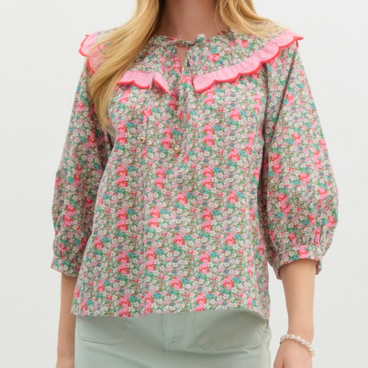 Floral 3/4 Sleeve Scalloped Ruffle Top