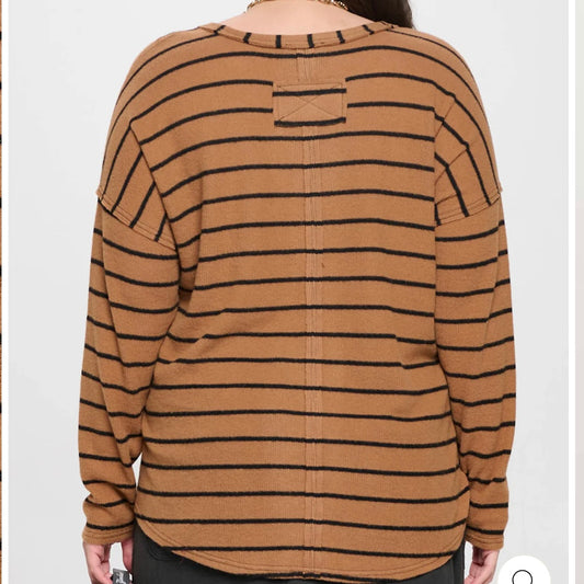 Plus Brown Striped Exposed Seam Knit Top