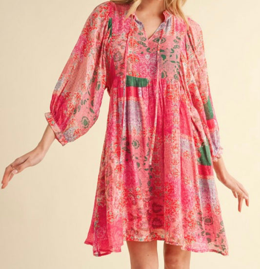 Multi Print 3/4 Sleeve Frill Dress