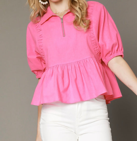 Preppy Pink Zip-Front Peplum Top
