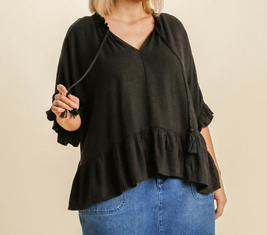 Black Short Sleeve Tassel Top