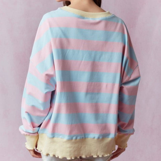 Striped Lettuce Cut Long Sleeve Top