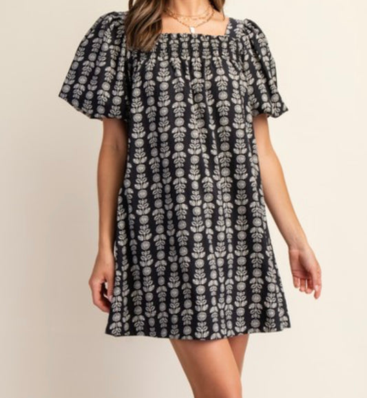 Black Printed Smock Square Neck Dress