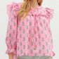 Pink Floral Print 3/4 Sleeve Ruffle Top