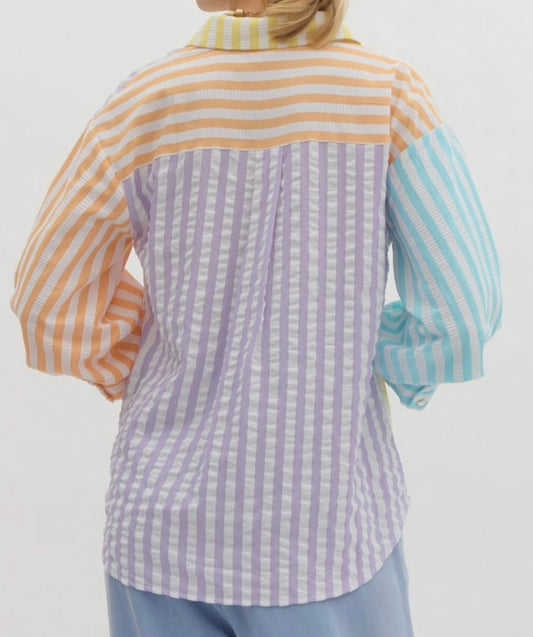Collared Color Block Striped Button Down Top