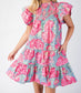 Fuchsia Floral Smocked Neck Dress