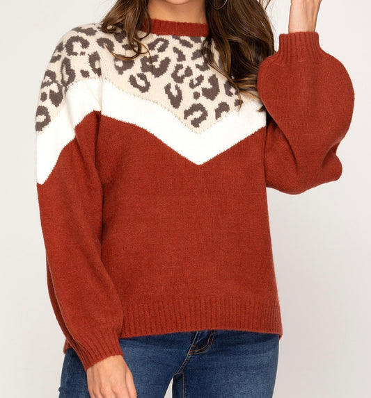 Stylish Animal Print Color Block Knit Sweater - Pineapple Paisley